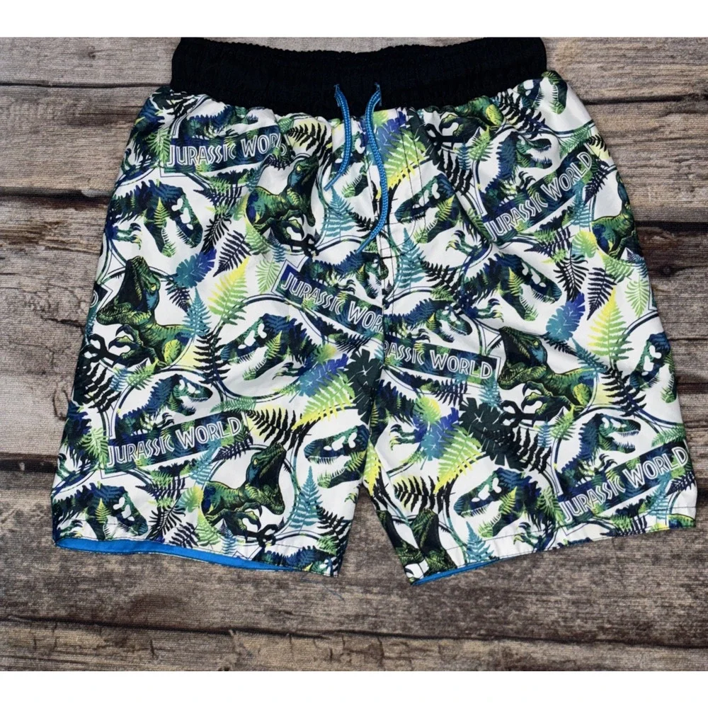 Boys Jurassic World Dinosaur Rash Guard Swim Trunks Outfit Set Blue size 5T